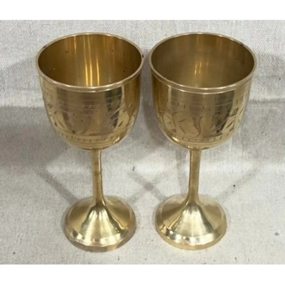Vintage Etched Brass Goblets Set of 2 Floral Chalice Wine Cups 6.5in